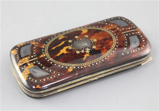 A mid 19th century Neapolitan inlaid tortoiseshell cheroot case, 5.75in.